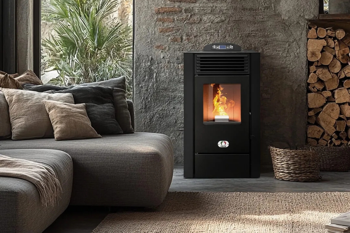 Stufa a pellet Italia moderna di marca italiana in ambiente domestico elegante