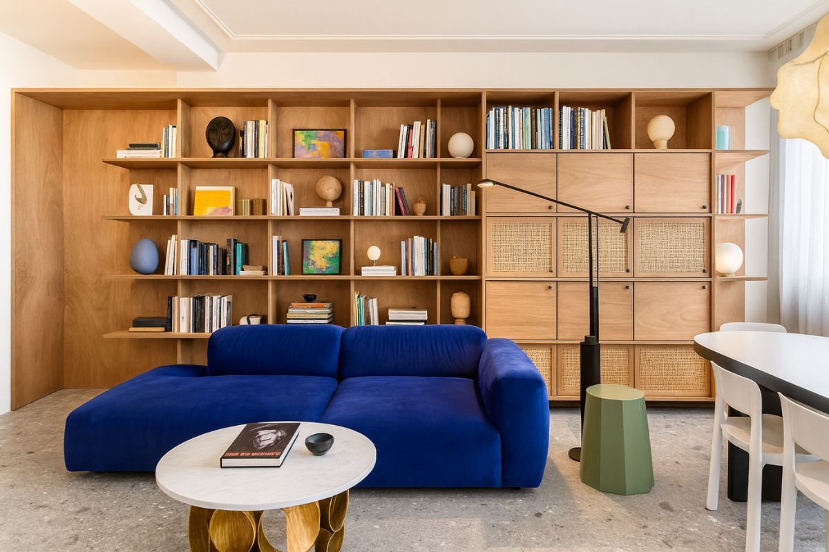divano blu libreria legno