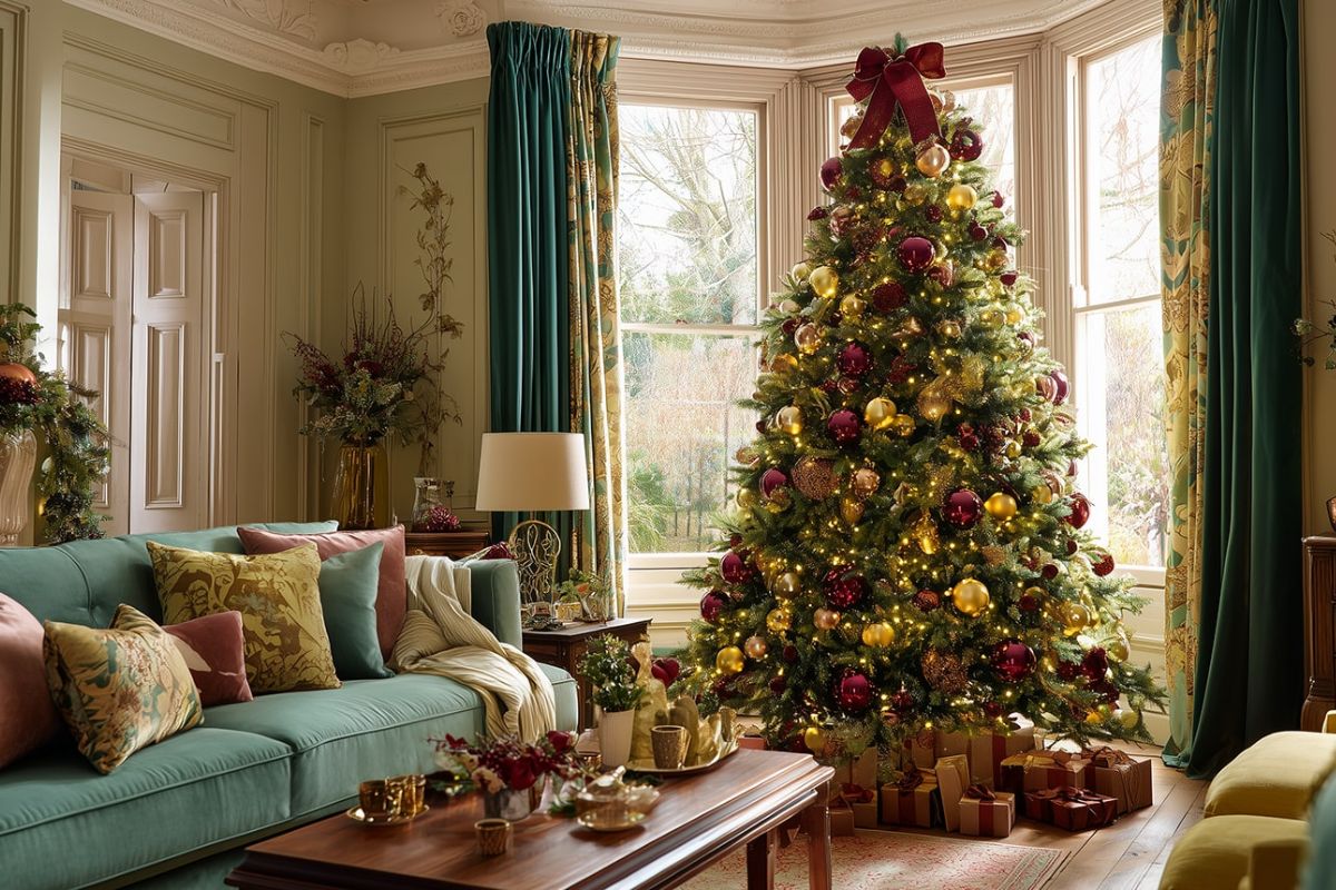 Tendenze Natale 2025 merald green velvet Christmas living room design 2025