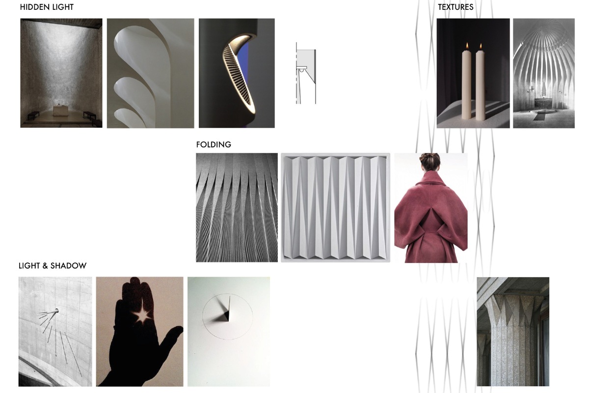 Moodboard di ispirazioni: luce nascosta, texture, pieghe e giochi di ombre