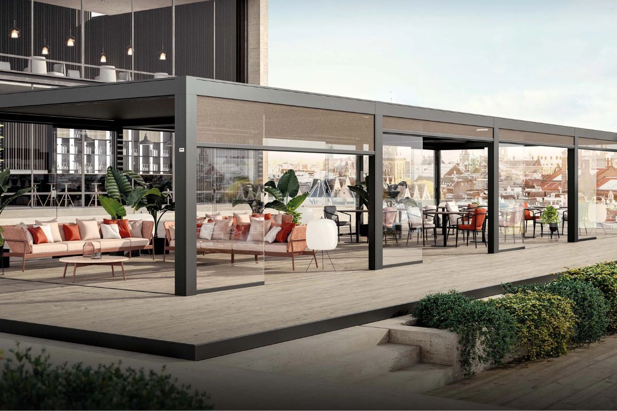 dehors bar design modulare contract pergola luce calda