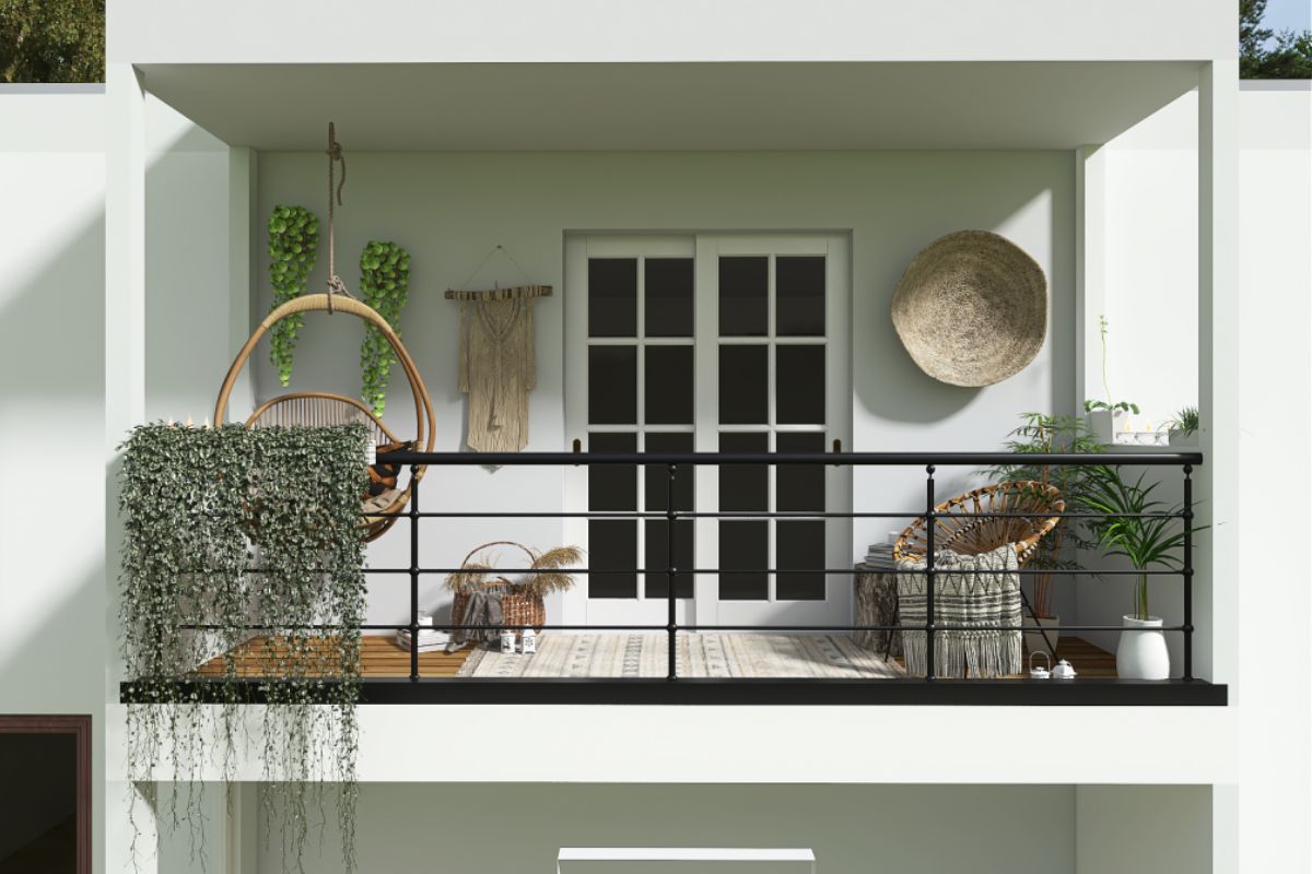 terrazzo lungo e stretto arredato in modo funzionale