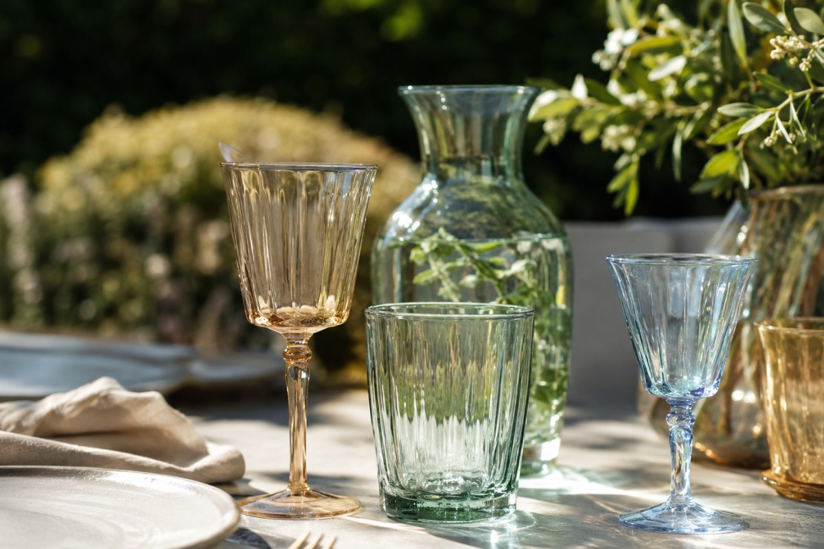 bicchieri colorati e caraffa in vetro per tavola estiva elegante