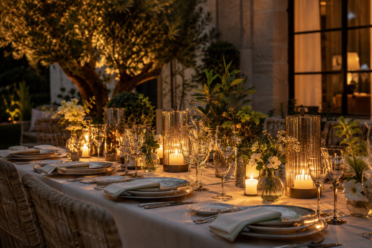 cena outdoor con tavola elegante candele lanterne e luci calde