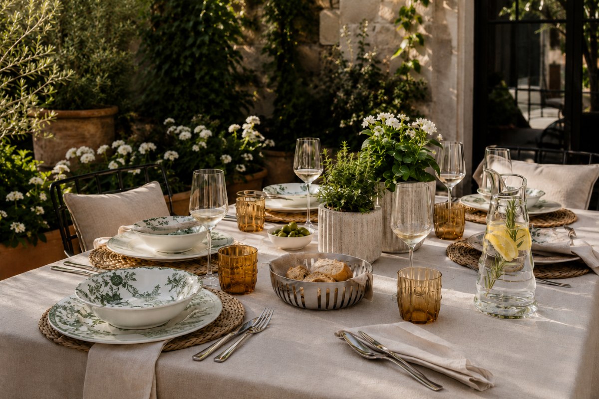 tavola estiva apparecchiata in giardino con piatti eleganti e bicchieri colorati