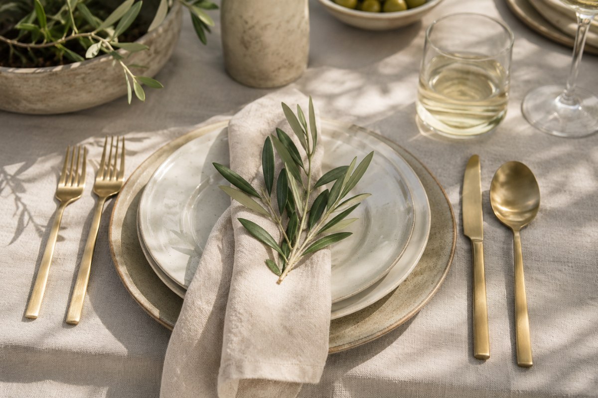 mise en place outdoor con piatti in ceramica tovagliolo in lino e ramo di ulivo