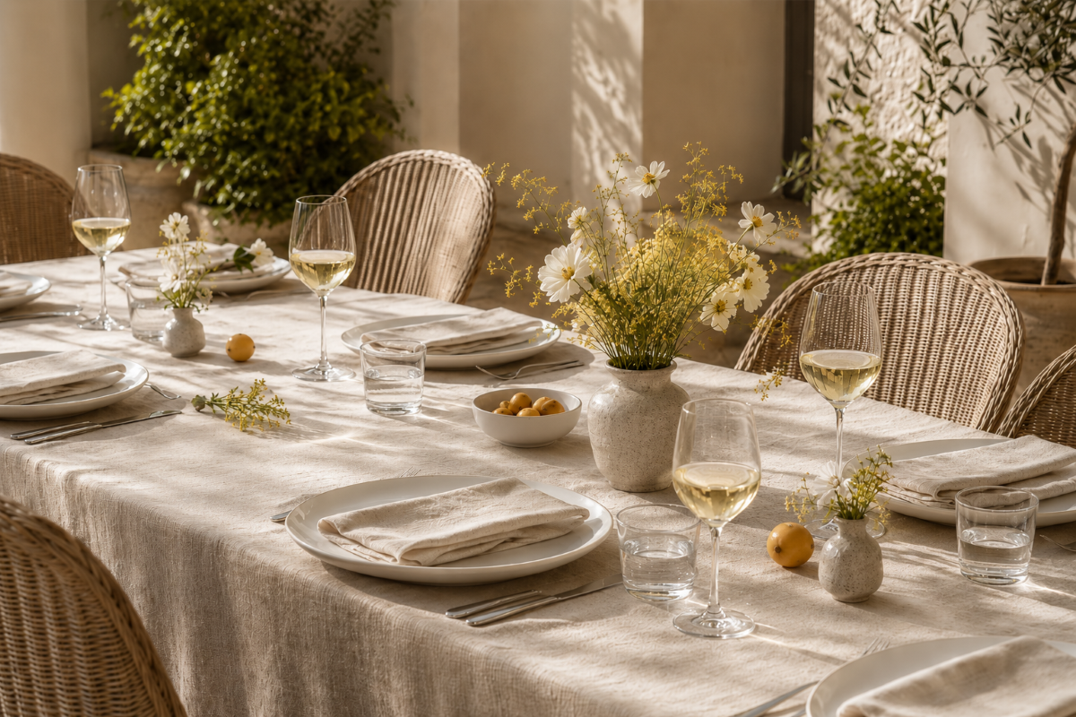 Mise en place estiva con tovaglia in lino, fiori gialli e bicchieri eleganti.