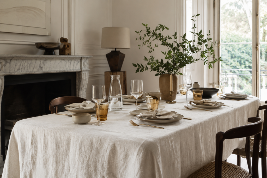 Tavola elegante con bicchieri coordinati, tovaglia in lino e dettagli naturali.