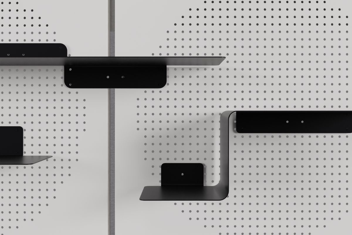 Detail of NORA OB-Jack perforated panels and magnetic shelves