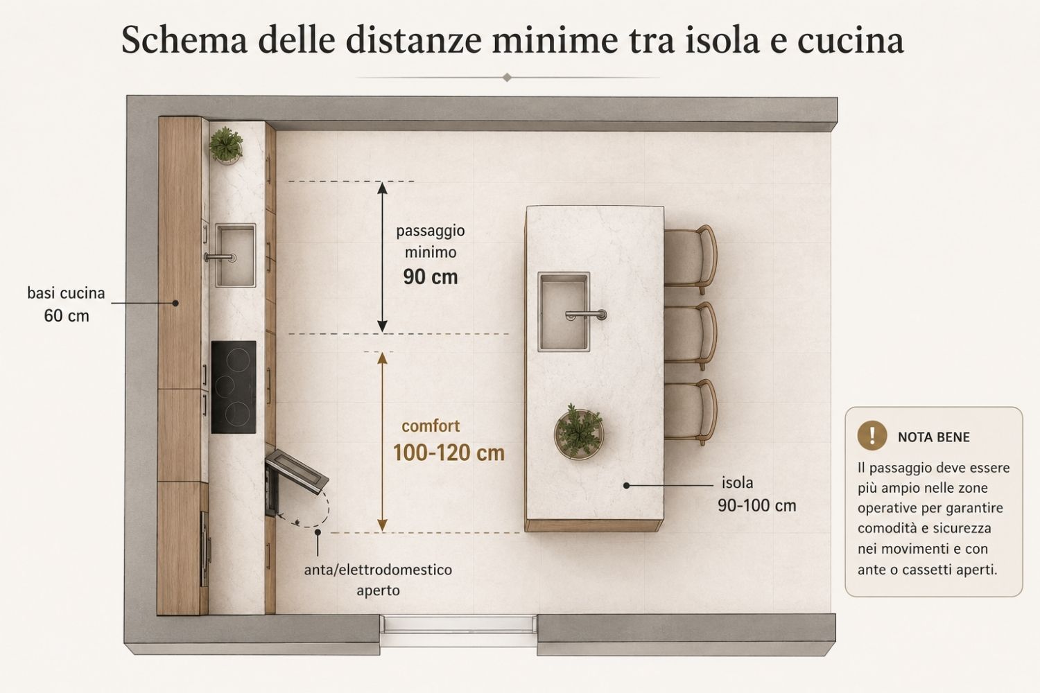 Schema delle distanze minime tra isola e cucina