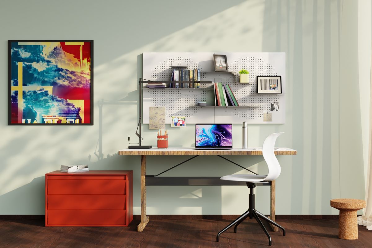 NORA OB-Jack modular system with perforated panels and magnetic shelves