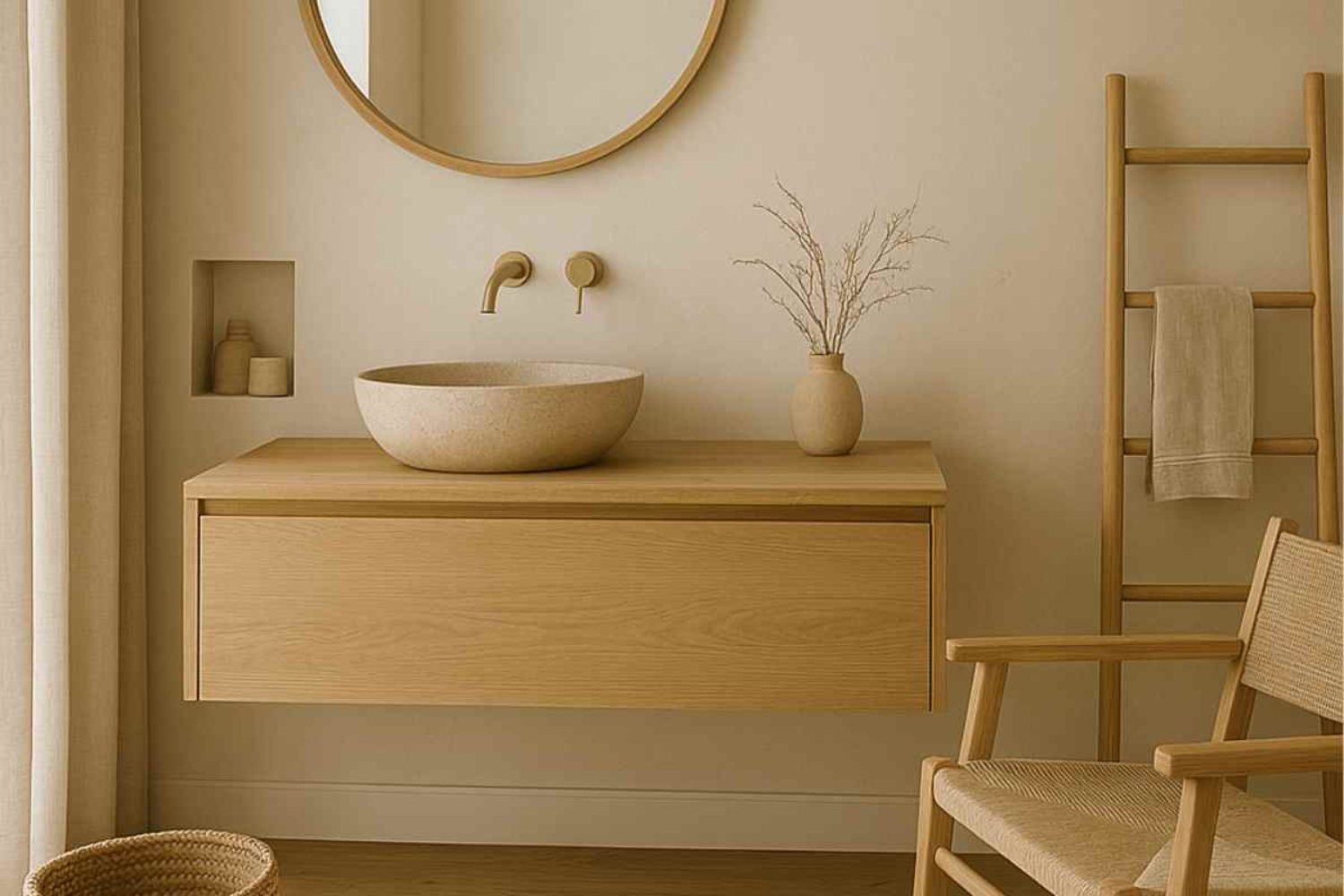 Organic Modern bathroom with natural stone, wood and continuous contemporary surfaces