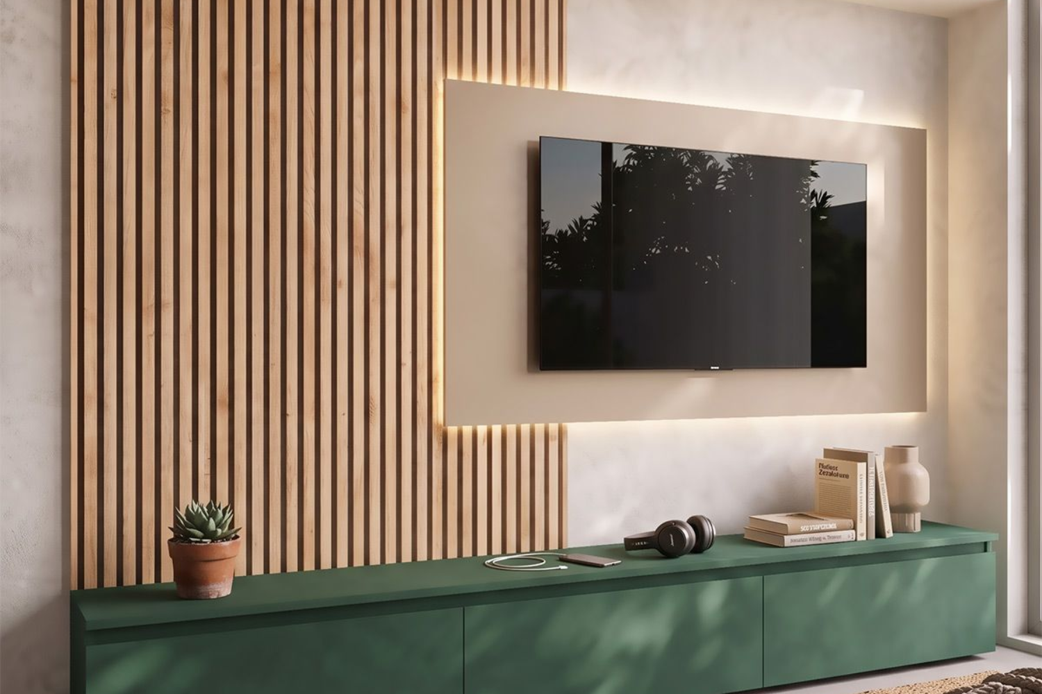Boiserie moderna in soggiorno dalla parete TV alla libreria