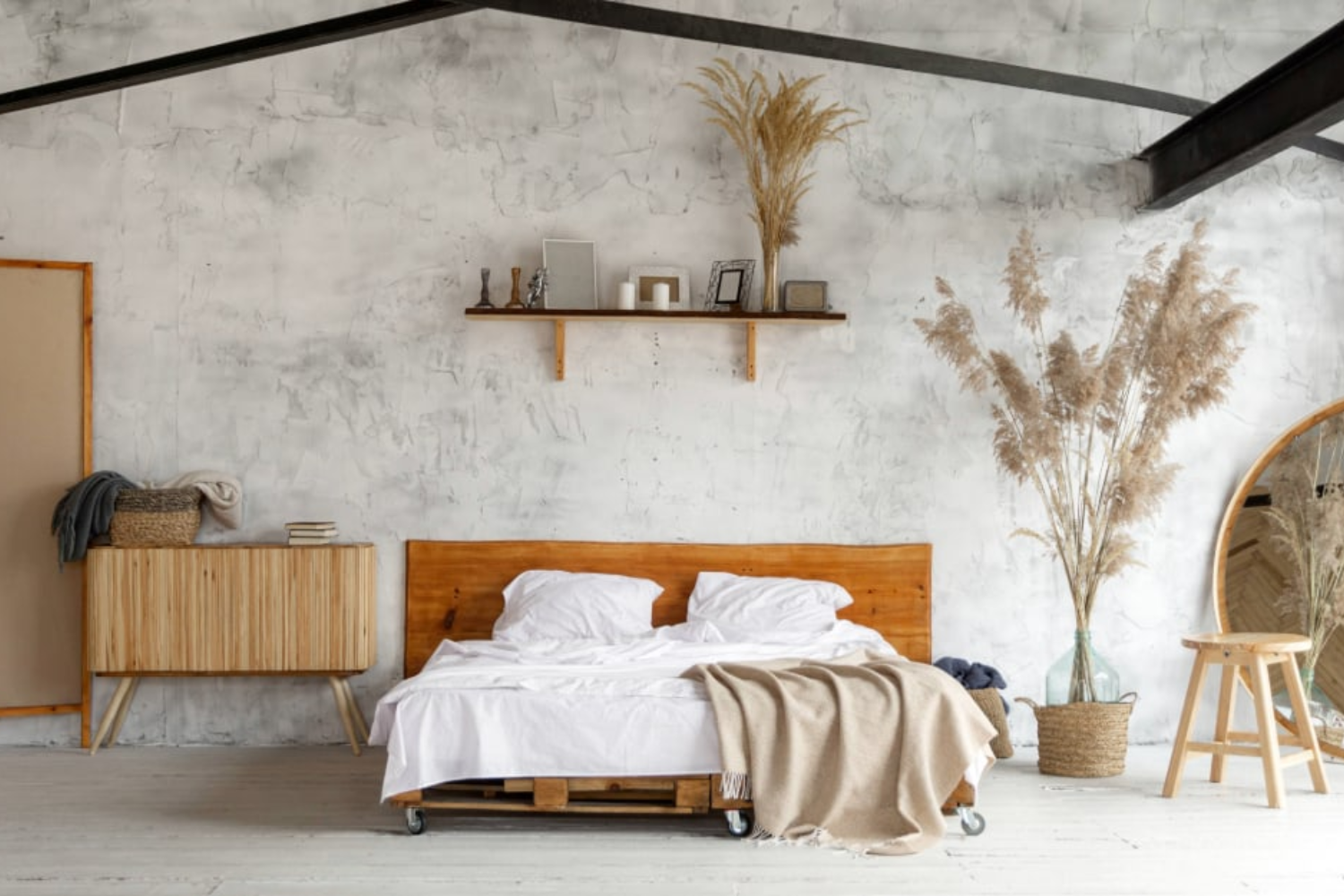 Organic Modern bedroom with linen, wood, soft textures and a warm natural palette