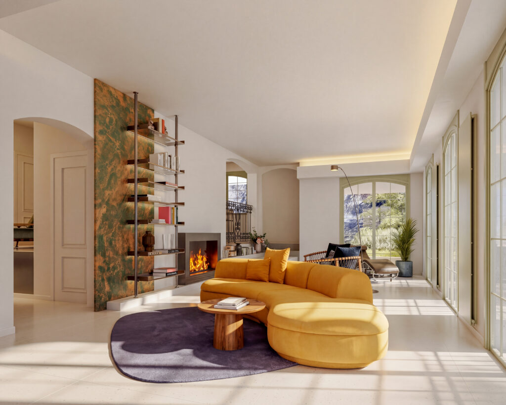 Living con divano curvo senape e pannello in rame ossidato, progetto Studio xzlab