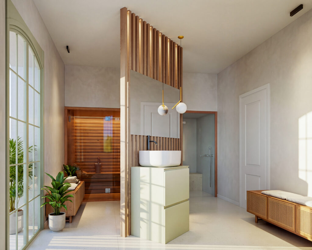 Bagno con parete in listelli di legno e sauna finlandese, Studio xzlab