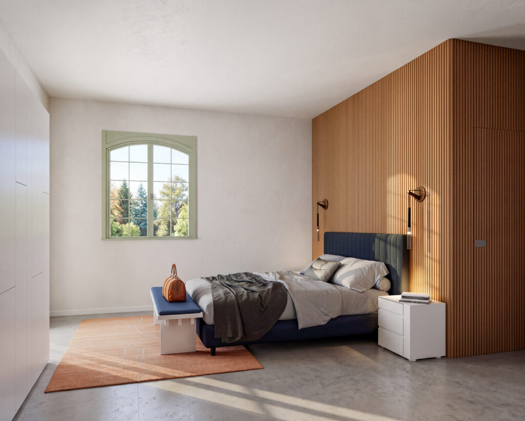Camera da letto con testata in doghe verticali di legno, Studio xzlab