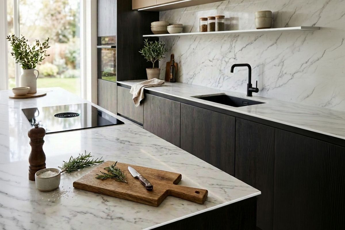 Cucina contemporanea con superfici Sadun effetto marmo per top e rivestimenti