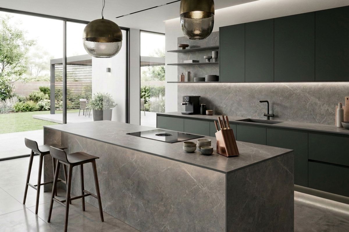 Cucina contemporanea con superfici Sadun effetto pietra e mobili verde scuro
