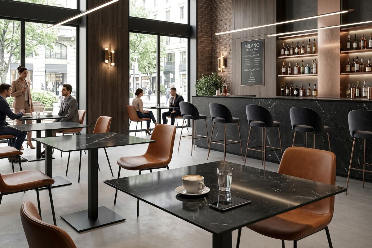 Locale contract con superfici Sadun effetto pietra, pannelli in legno e bancone bar