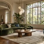 Soggiorno contemporaneo in stile liberty con vetrata floreale e divano verde curvo