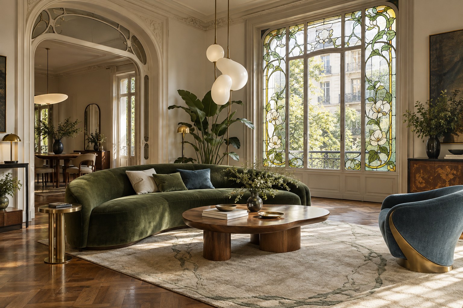 Soggiorno contemporaneo in stile liberty con vetrata floreale e divano verde curvo