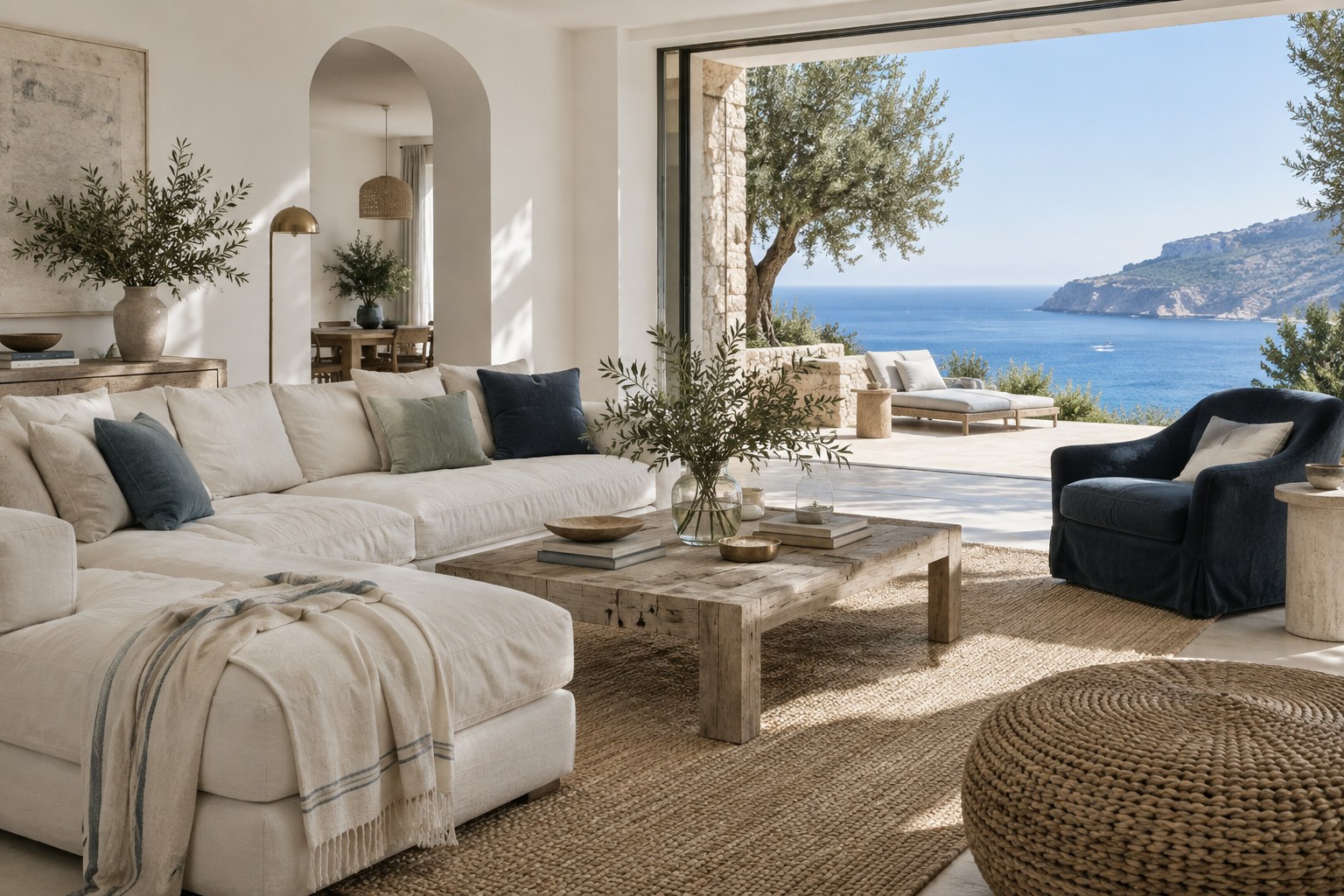Soggiorno contemporaneo in stile marinaro con divano in lino e vista sul mare