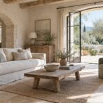 Soggiorno contemporaneo in stile provenzale con lino, legno chiaro e pareti a calce
