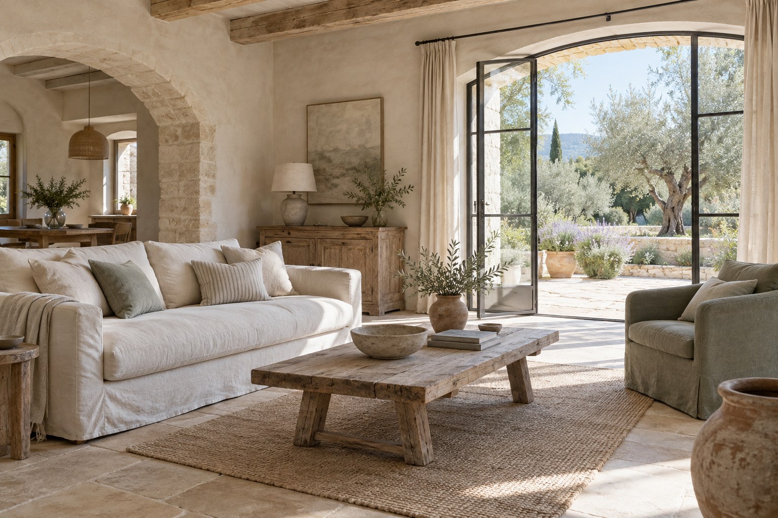 Soggiorno contemporaneo in stile provenzale con lino, legno chiaro e pareti a calce