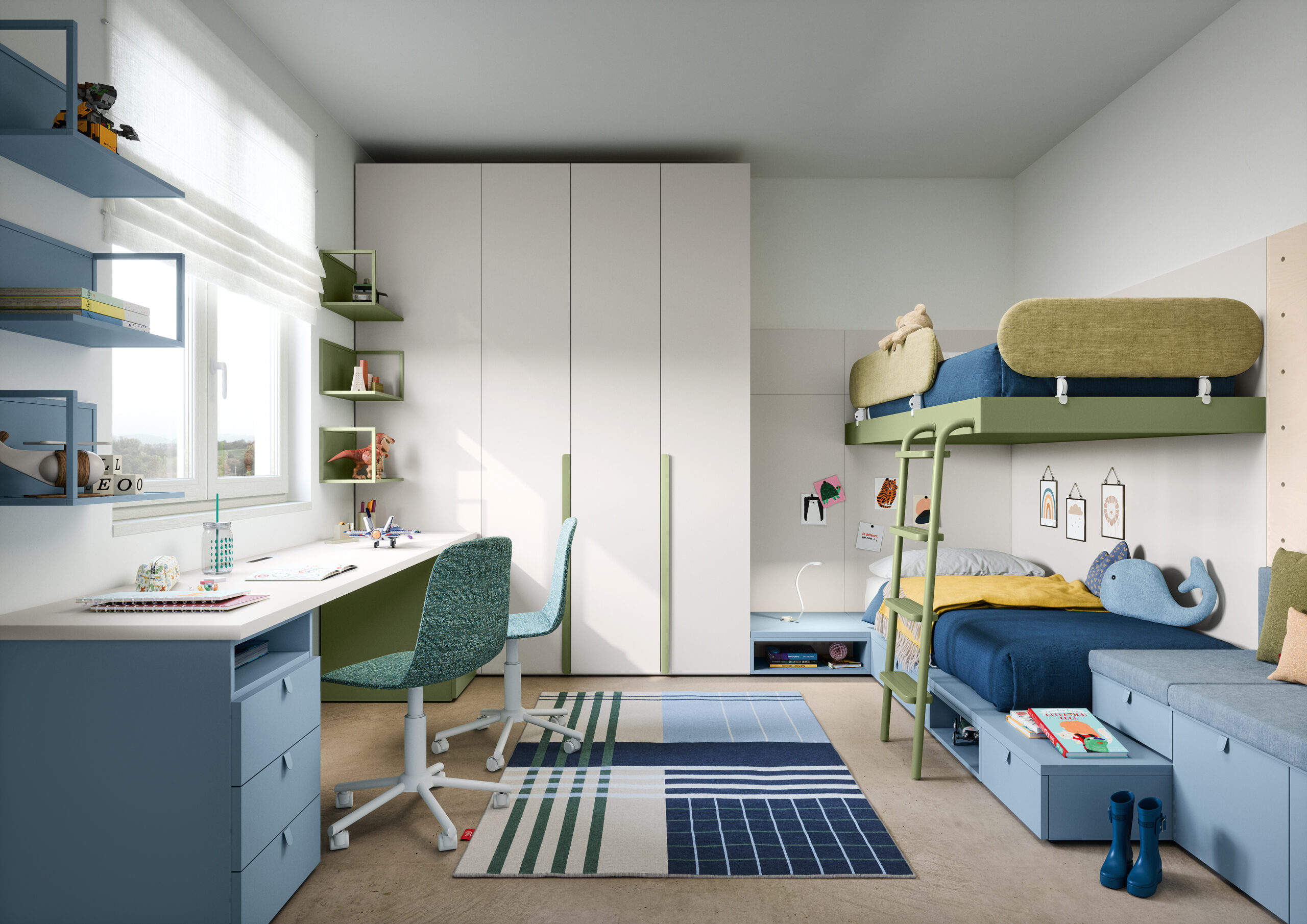 Cameretta bambino con letto scrivania e arredi funzionali per la crescita