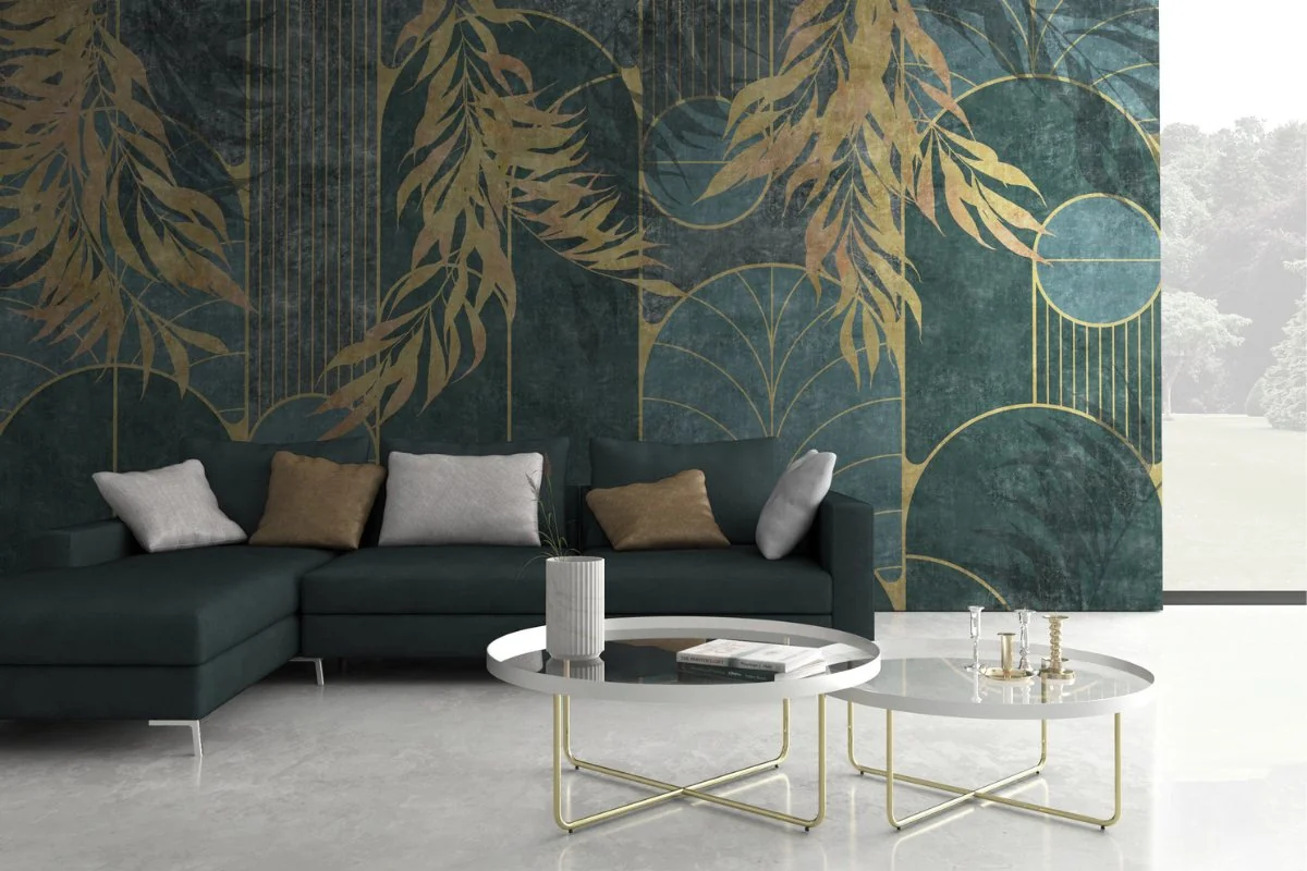 Bastille wallpaper by WallyArt behind a dark green sofa
