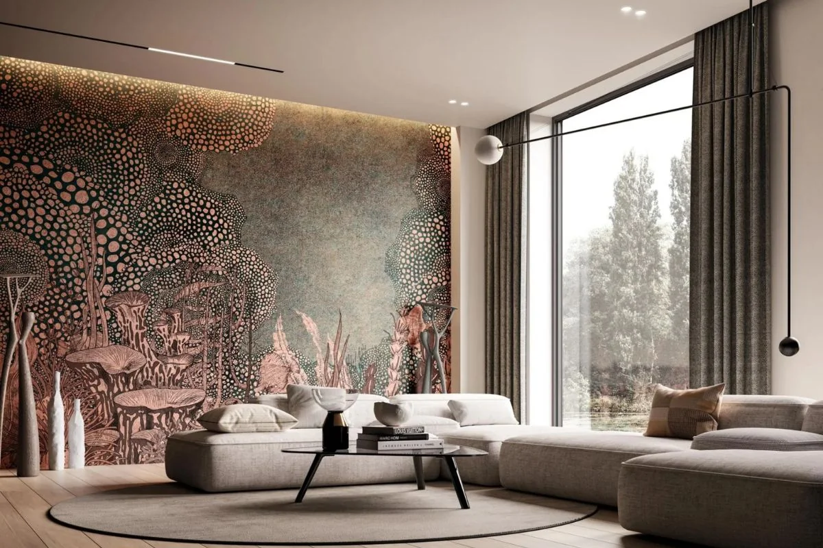 Decorative Instabilelab wallcovering behind a pale corner sofa