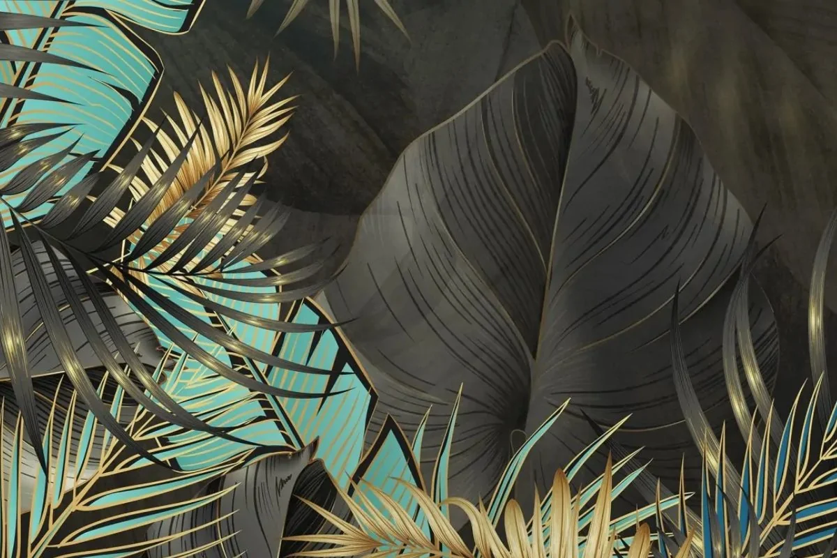 Close-up of dark botanical leaves on Maui wallpaper by WallyArt