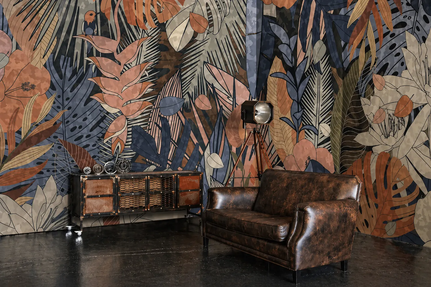 Kapua botanical wallpaper by WallyArt in a living room with brown leather seating