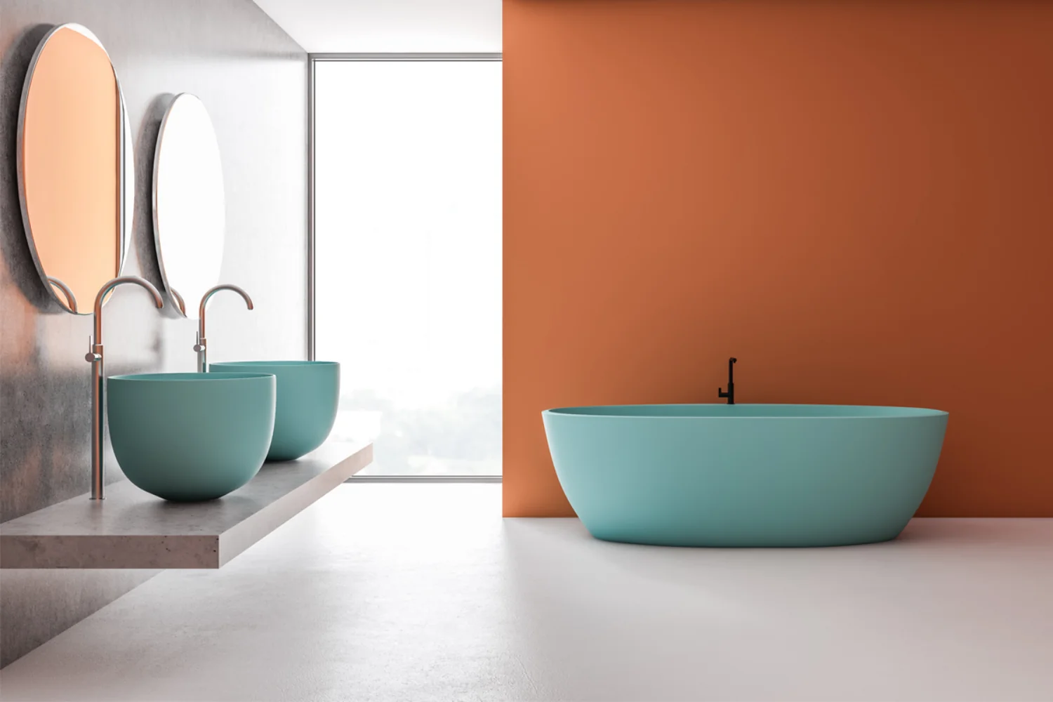 Turquoise freestanding bathtub against a terracotta-coloured wall