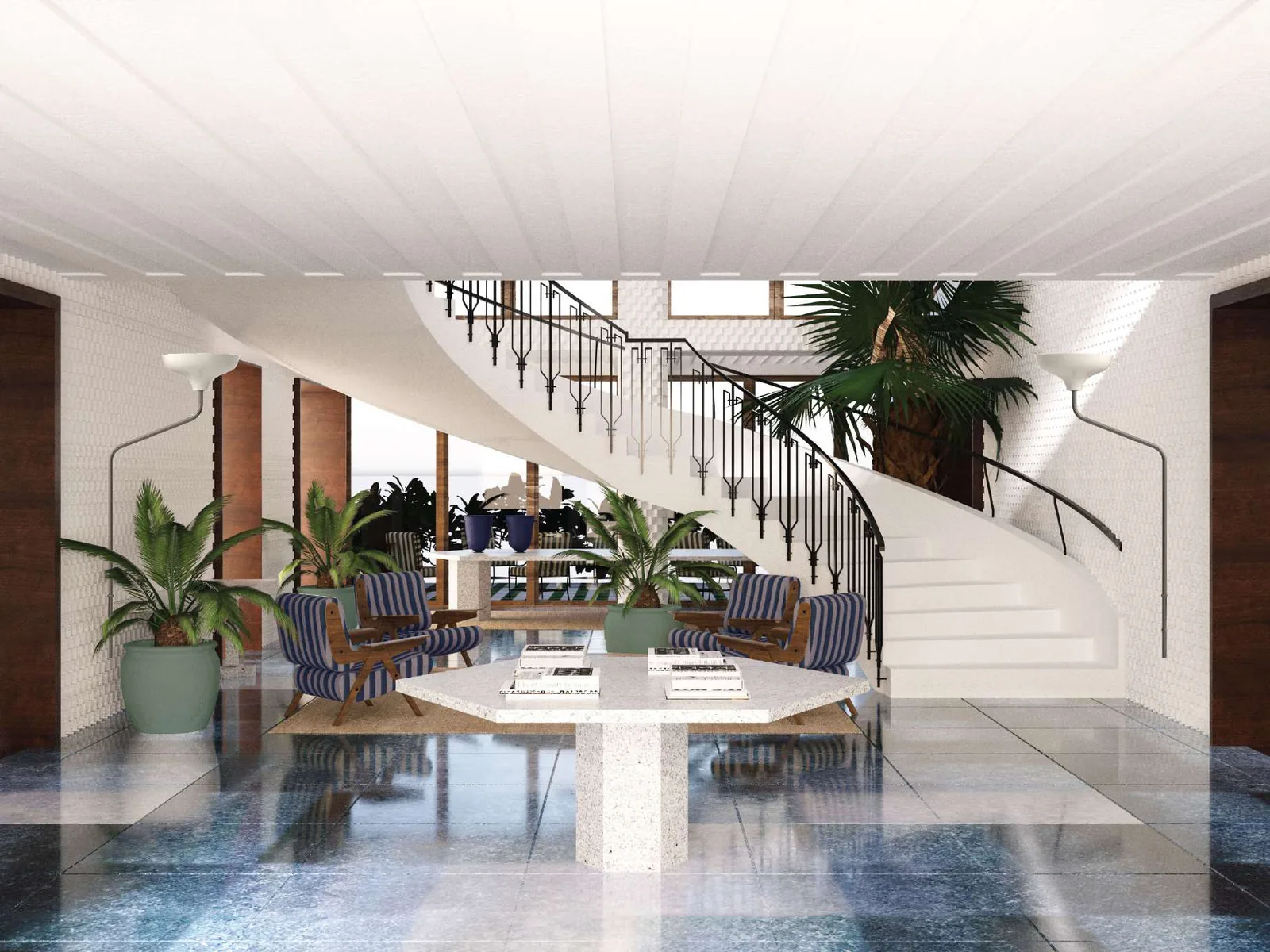 Lobby del Grand Hotel Flora a Sorrento con scala elicoidale, sedute a righe e palme