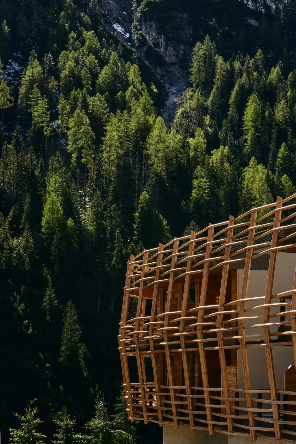 Dettaglio della facciata lignea dell’Hotel Bella Vista tra gli alberi