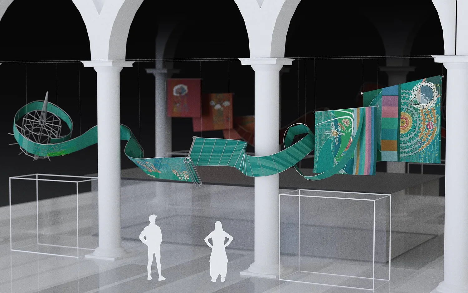 Rendering di Sender Unknown di Aziza Kadyri fra le arcate del museo
