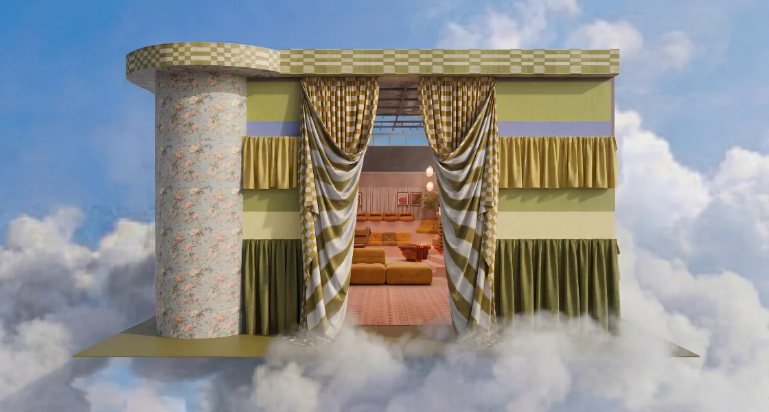 Visual di Feel the Shift con facciata verde, drappeggi a scacchi e ingresso aperto sull’interno rosa