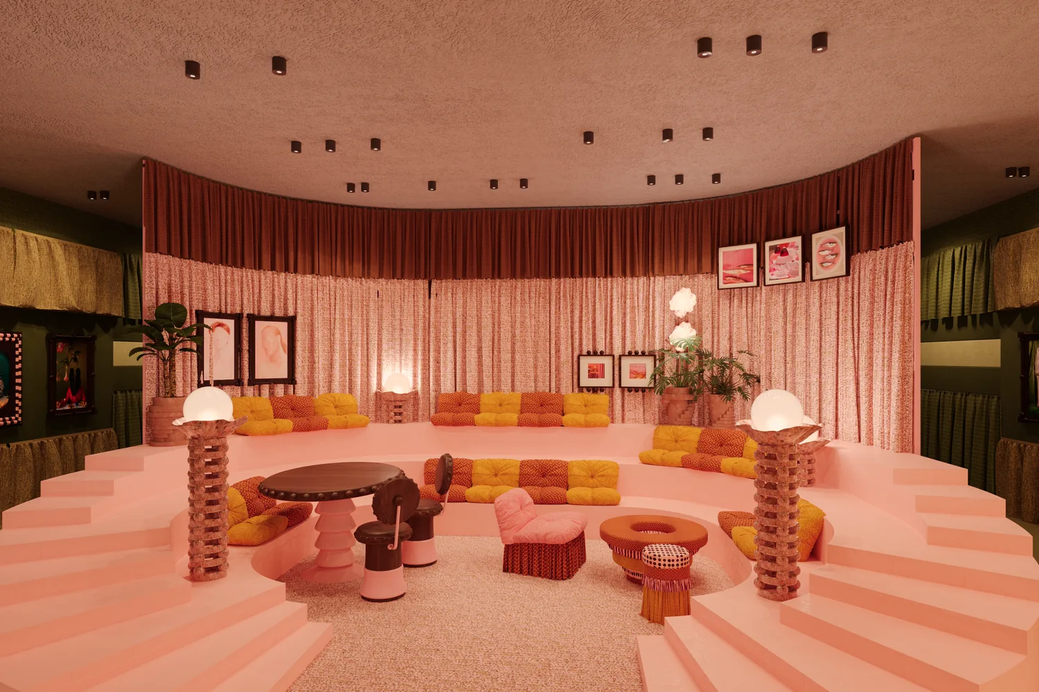 Rendering dell’interno di Feel the Shift di Masquespacio, con gradinate rosa, sedute ocra e tavolini scultorei