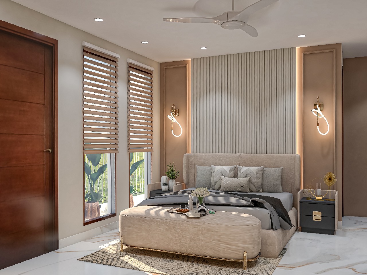 Camera da letto contemporanea con palette neutra e illuminazione stratificata
