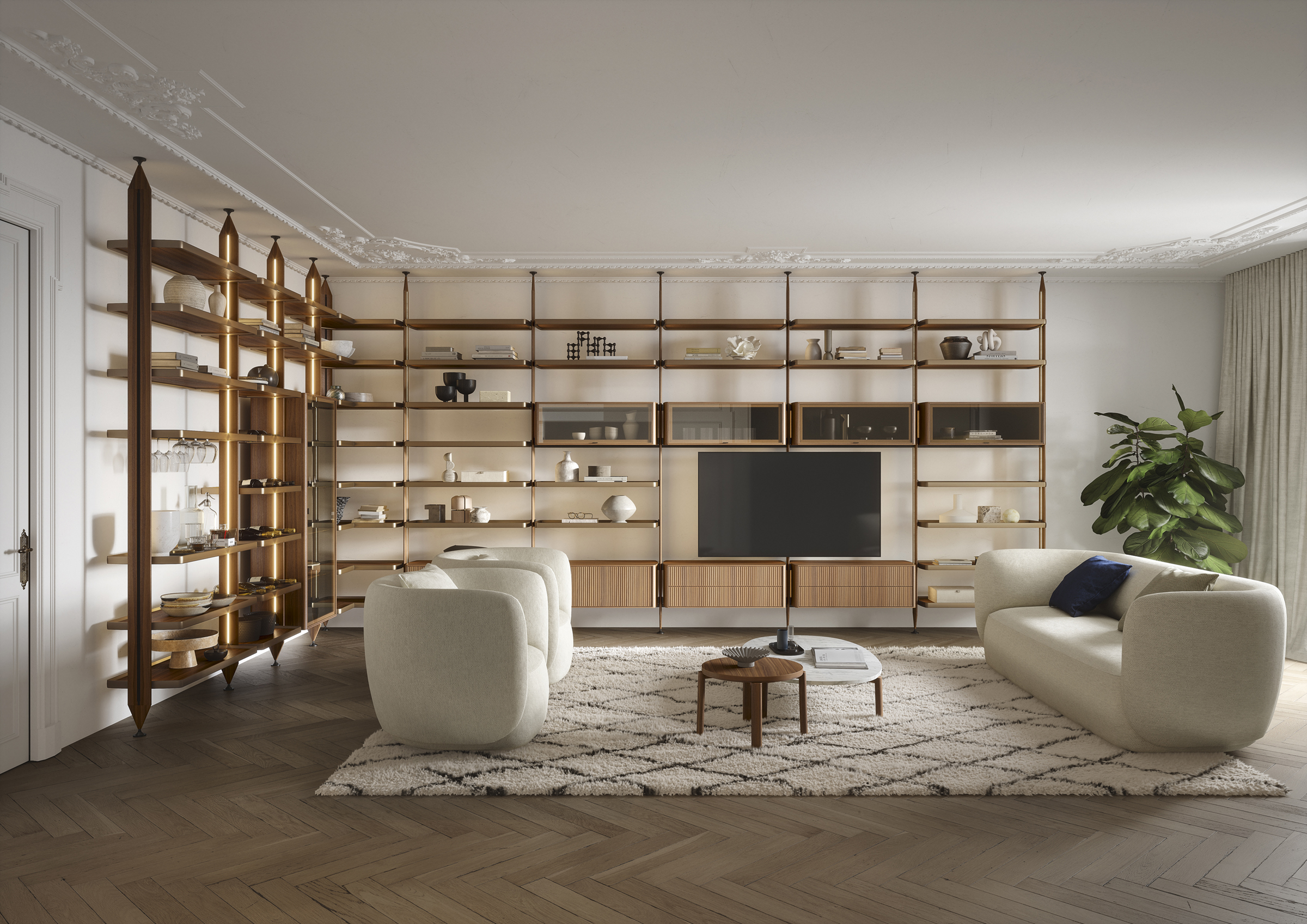 Parete attrezzata soggiorno moderna con moduli contenitore e zona TV