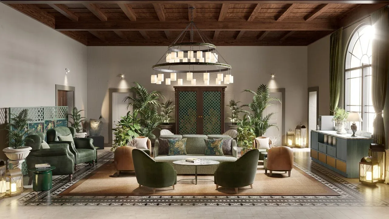 Winter Garden del Porta Rossa Hotel Firenze con sedute verdi e soffitto ligneo
