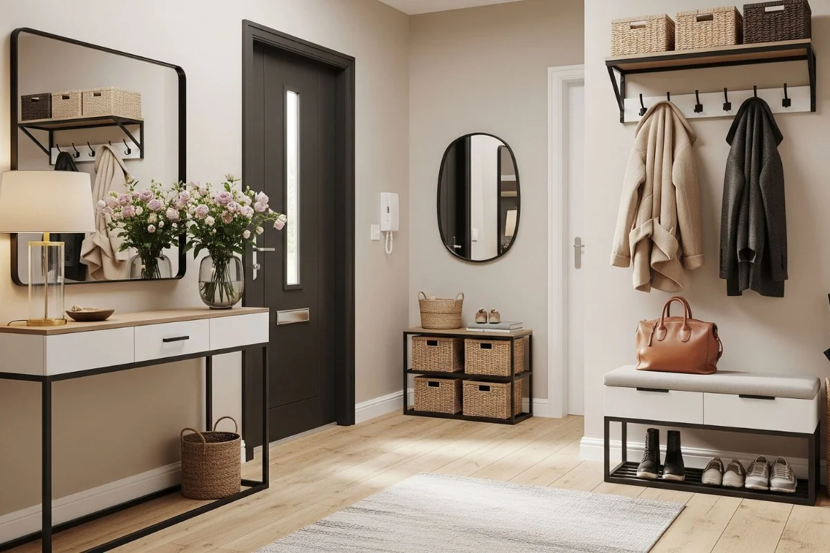 Ingresso con appendiabiti, panca in legno e cesti contenitori