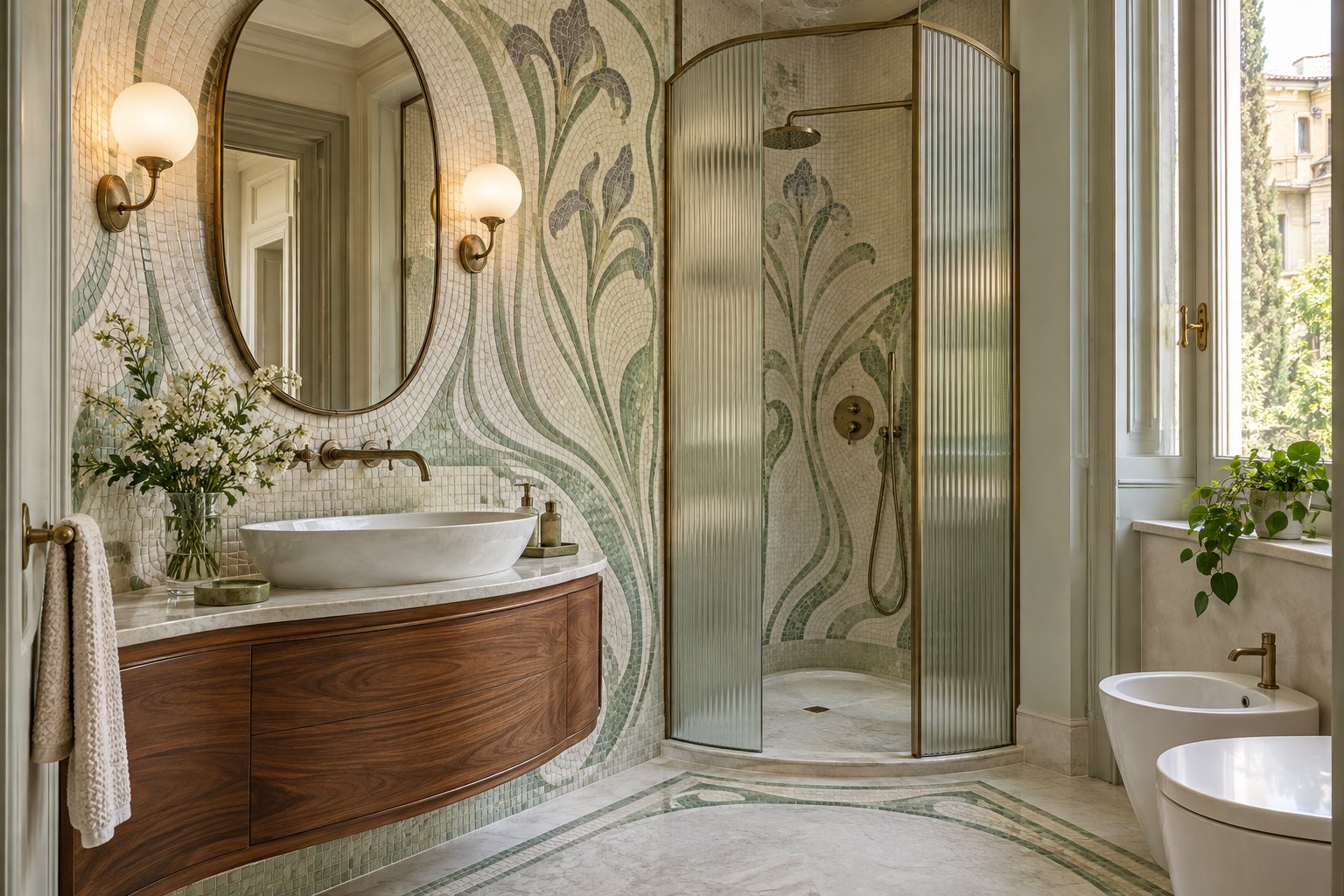 Bagno in stile liberty con mosaico floreale, mobile curvo in noce e vetro scanalato