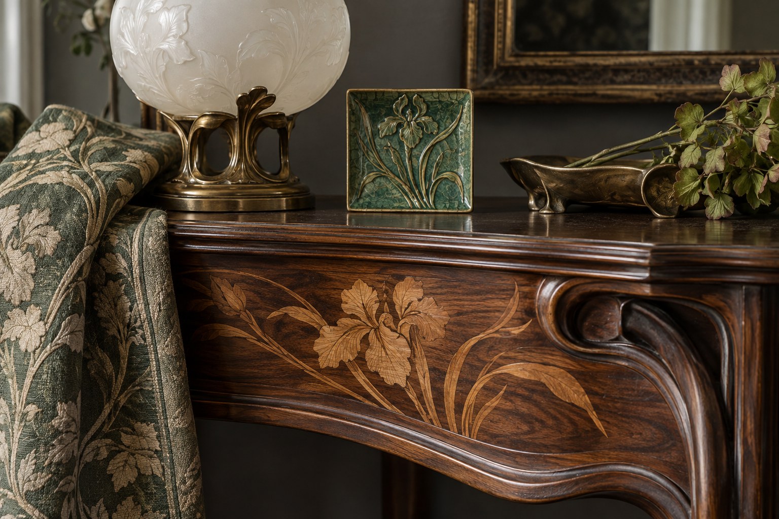 Dettagli liberty con intarsio floreale, tessuto botanico, vetro opalino e ottone