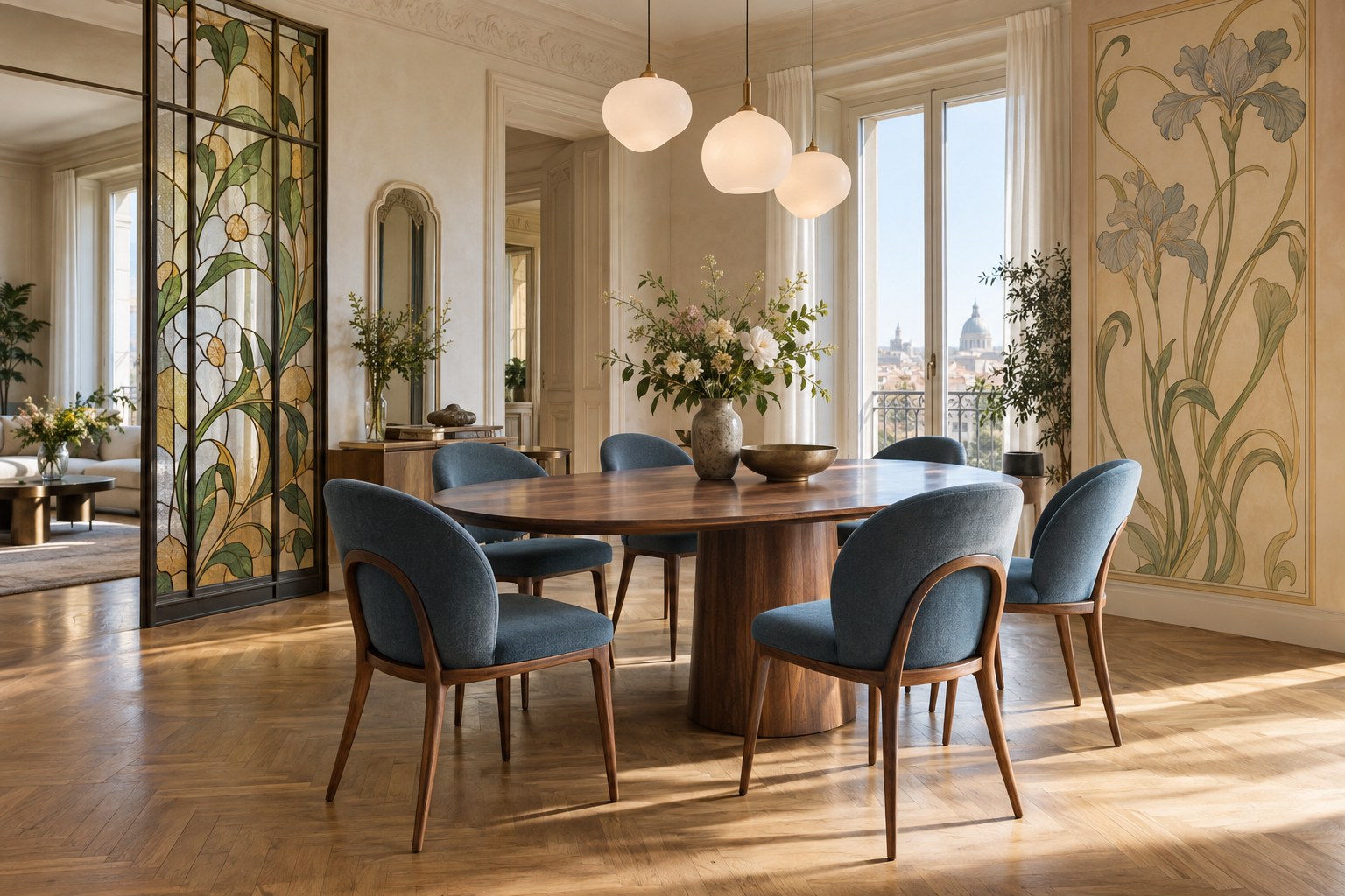 Sala da pranzo in stile liberty con vetrata botanica, tavolo ovale e sedie blu