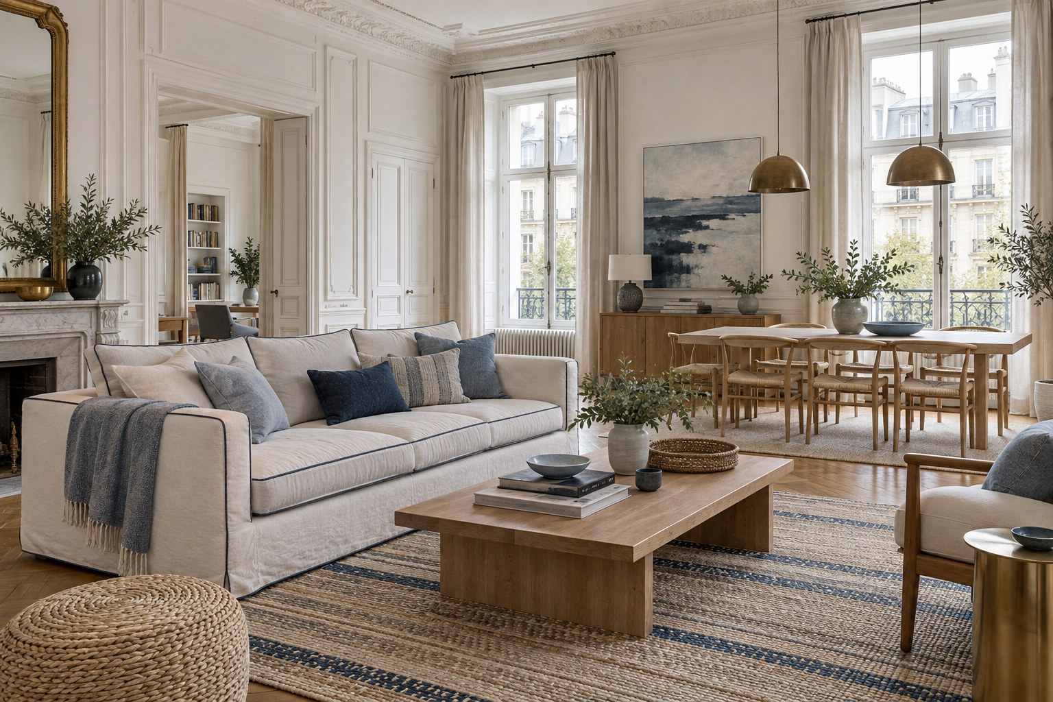 Soggiorno cittadino in stile marinaro con tessuti blu, lino e legno naturale