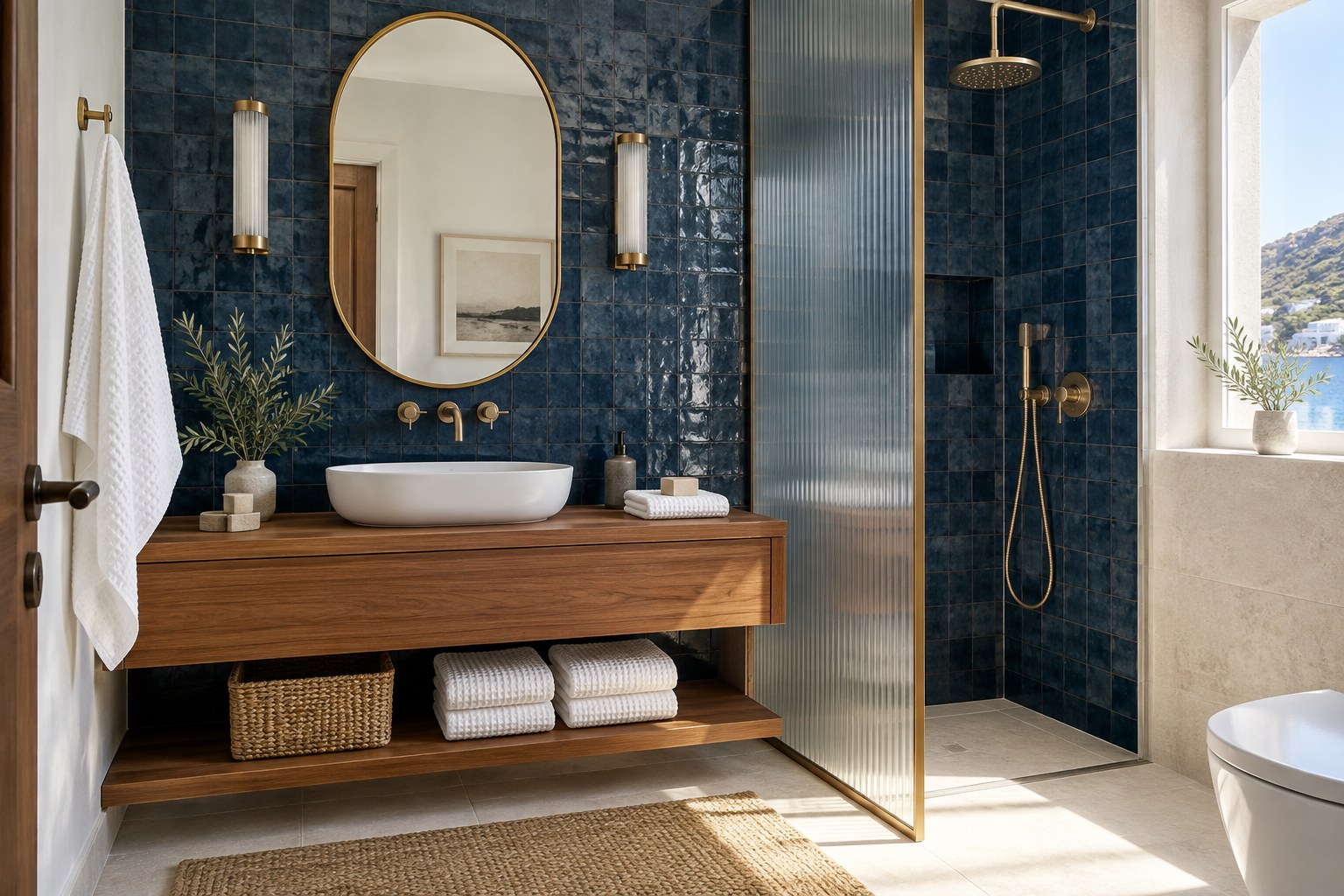 Bagno in stile marinaro con piastrelle blu, mobile in teak e dettagli in ottone