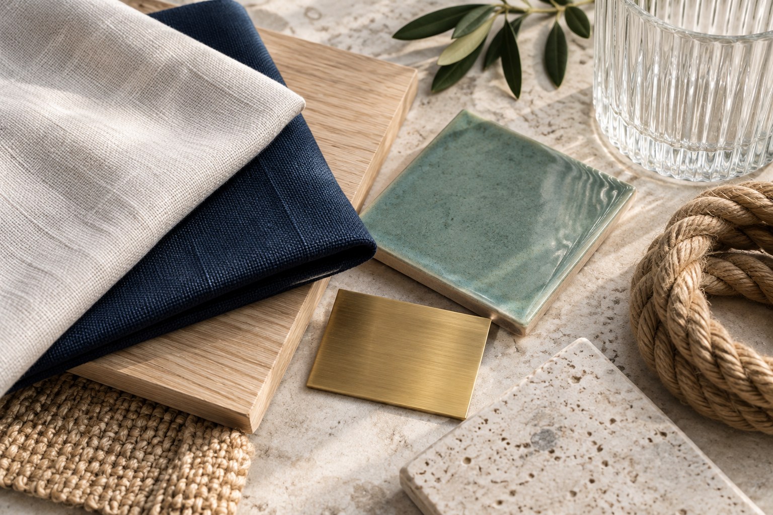 Palette dello stile marinaro con lino blu e bianco, legno chiaro, vetro e corda